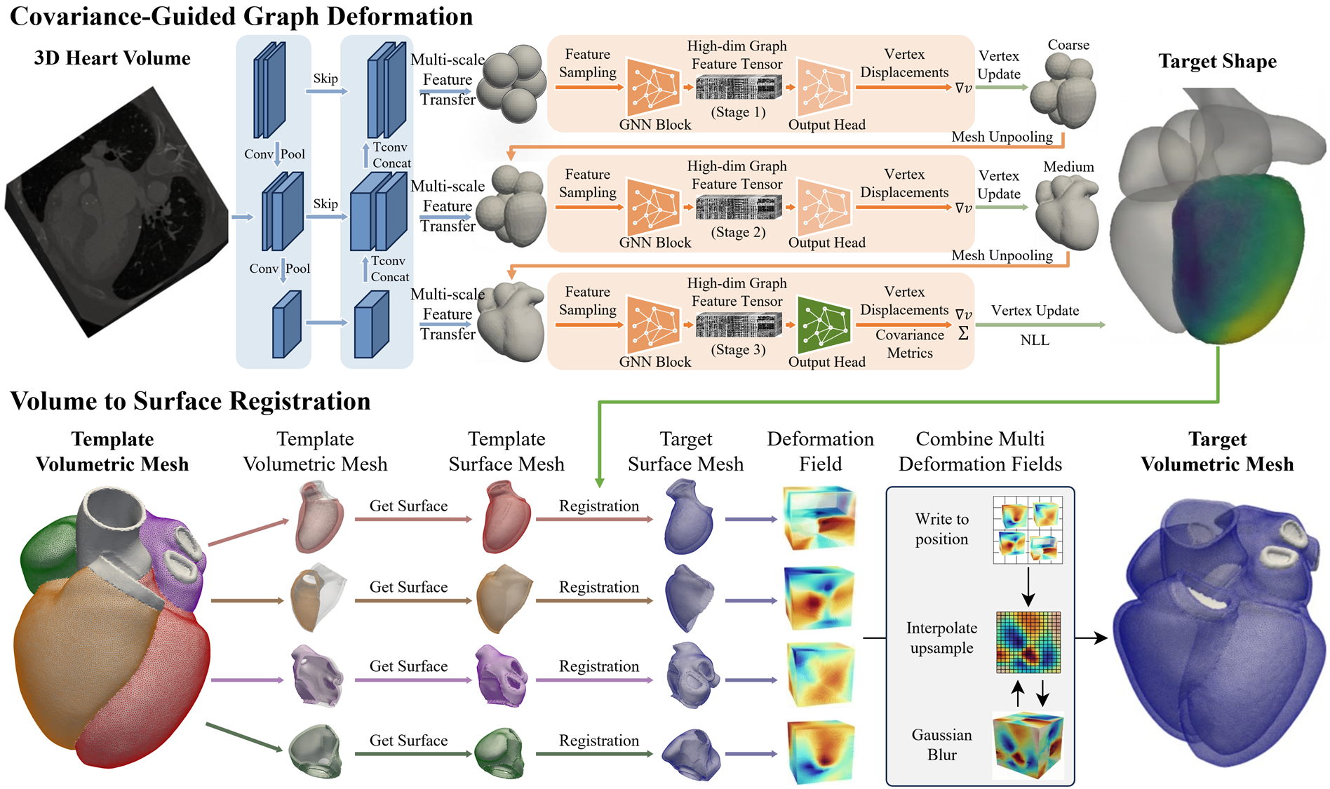 HeartVolMesh framework: covariance-guided graph deformation and volume-to-surface registration